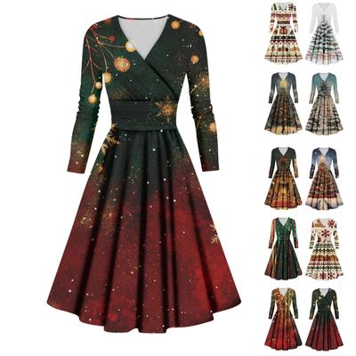 Women's Casual And Fashionable Christmas Printed Long Sleeved V-neck Sexy Dress