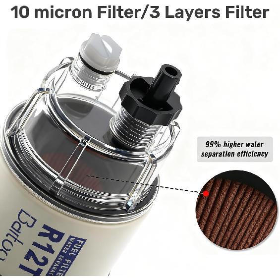 R12T Fuel Water Separator Fuel Filter/Water Separator Marine Complete Kit 10 Micron Filter Replaces Racor S3240 120AT R12T NPT ZG1/4-19 Fit 3/8 Inch