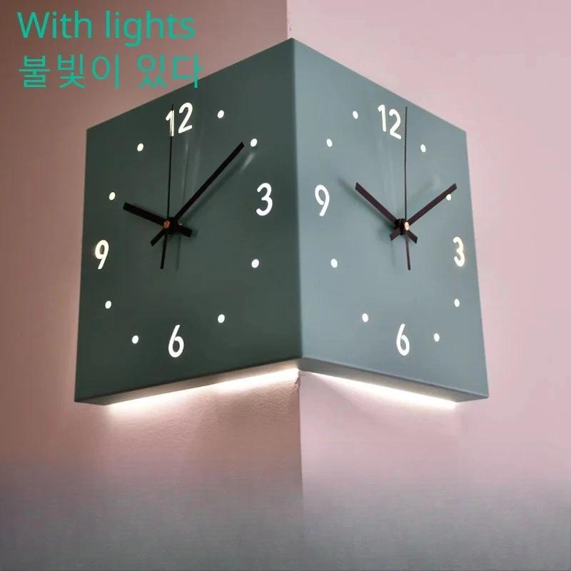 Creative Light Sensor Corner Wall Clock Square Simple Double Sided Wall Clock with Arabic Numeral Scale Analog Silent Wall Clock