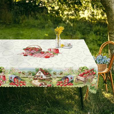 1 Piece Of Strawberry Theme Round And Rectangular Tablecloth, Available In Various Sizes, Pink Strawberry Pattern Printing Design, Retro Farmhouse, Sp