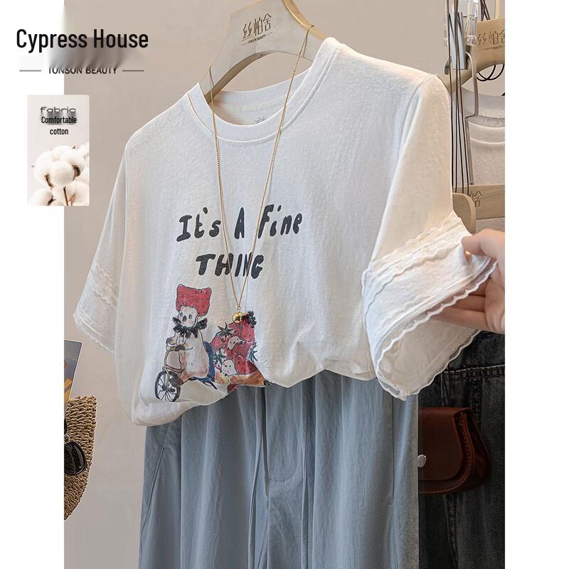 Женская футболка с круглым вырезом, принтом и кружевной вставкой S