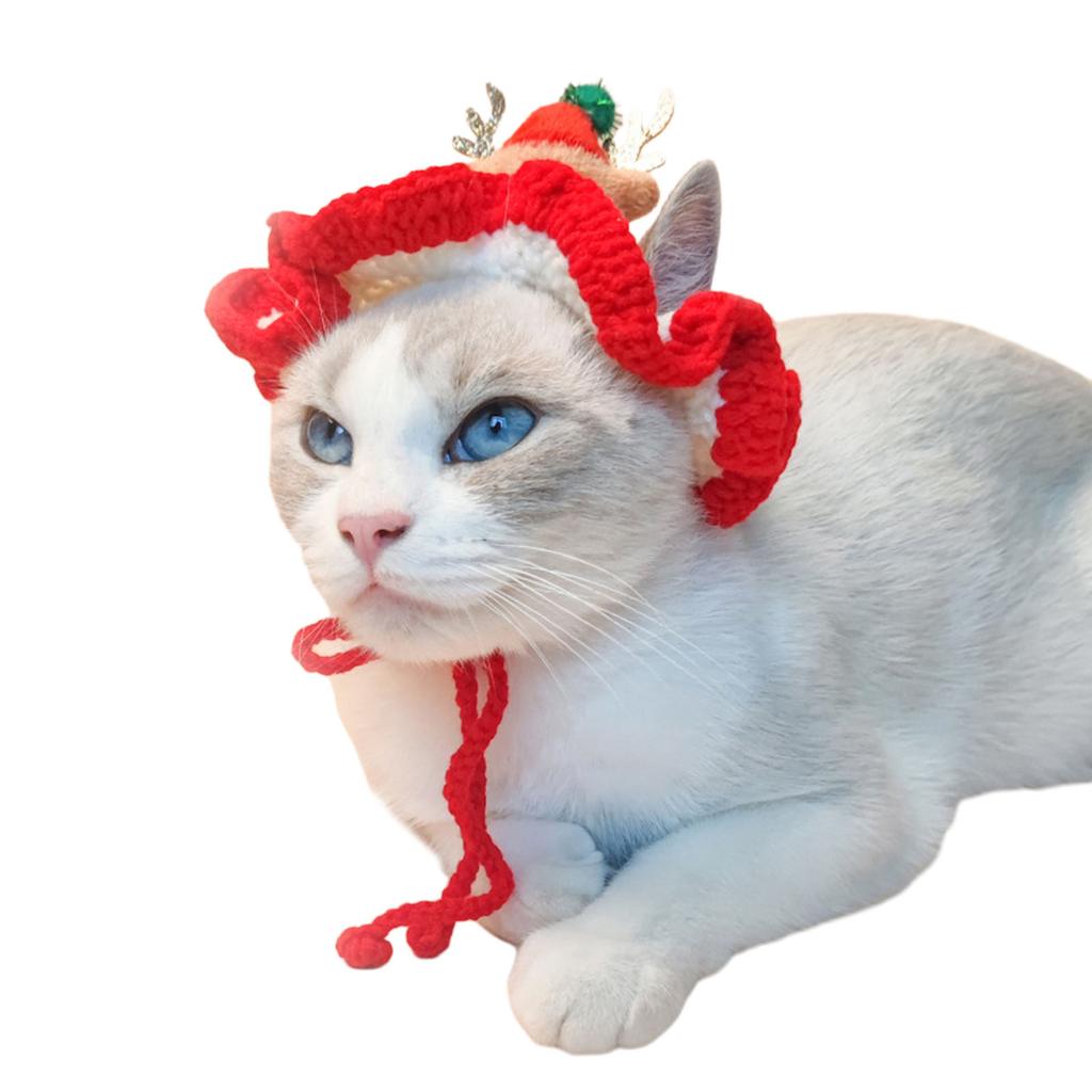 Knit Cat Christmas Santa Hat for Festival Dogs Party Costume Cosplay Dress Up Festive Reindeer Hat Photo Props for Puppy