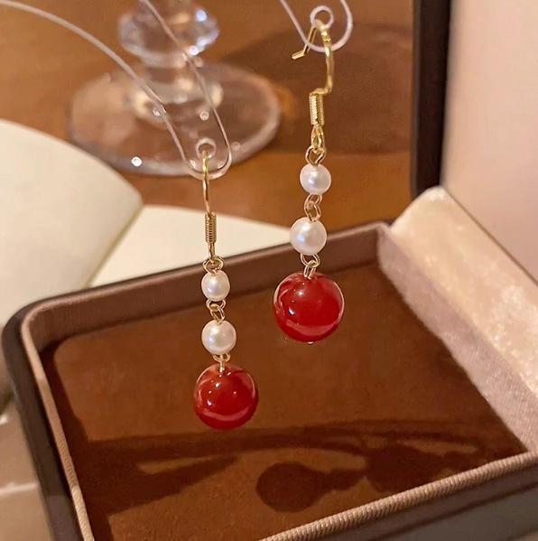 Natural pearl earrings New Chinese agate long earrings Light luxury red stud earrings