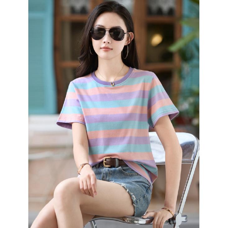 Tricou Casual de Vară cu Dungi Albastre pentru Femei, Mânecă Scurtă, Gât Rotund, Simplitate, Modă, Mărimi Mari, Animat Digital