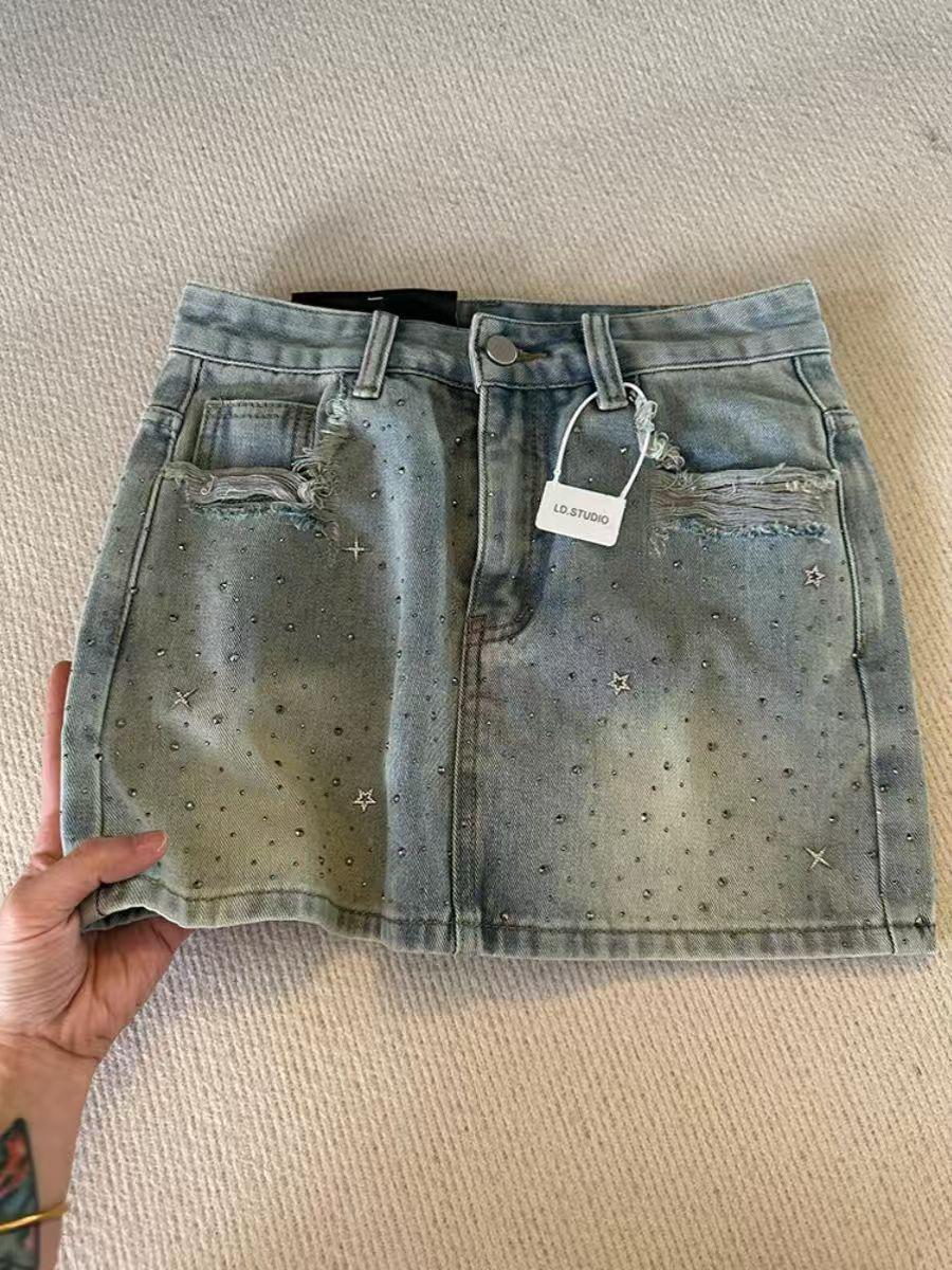 

Retro Light Blue Rhinestone Denim Mini Skirt - Slimming High Waist A-line Bodycon for Summer 2026 Medium
