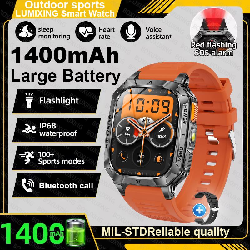 Military outdoor Smart Watch Fitness Clock Men 2.01 inch AMOLED Screen 1400mAh Battery Flashlight HD Call Waterproof Smartwatch