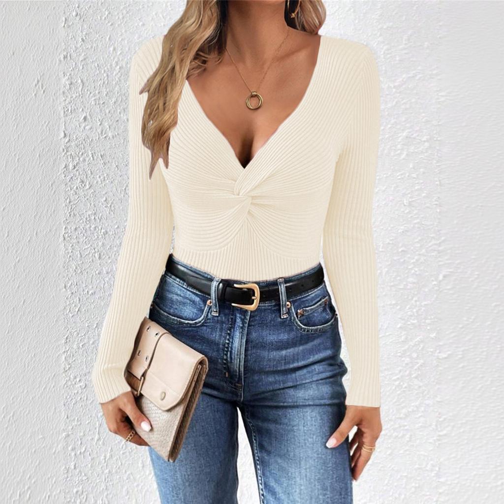 Women V Neck Twist Knot Knit Sweater Long Sleeve Slim Fit Casual Pullover Top Stretchy Soft Fabric