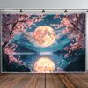 Pink Cherry Blossom Moon Lake Mountain Landscape Wall Tapestry Romantic Home Decor Aesthetic Living Room Art Print Design