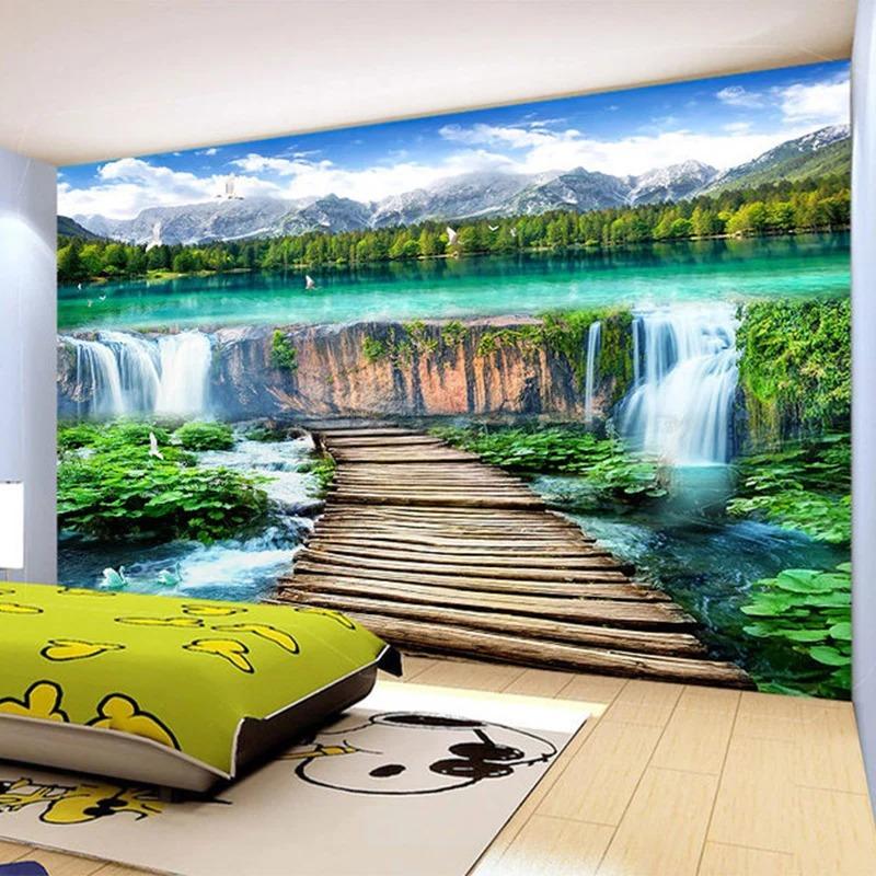 Waterfalls Landscape Wallpaper Wood Bridge Photo Mural Living Room Tv Sofa Backdrop Wall Mural Home Decor
