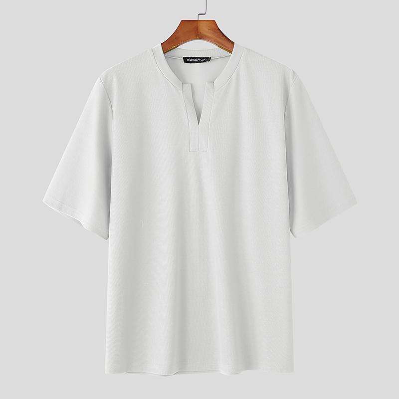 INCERUN Summer Men's V Neck Short Sleeve Texture Casual T-shirts Tops