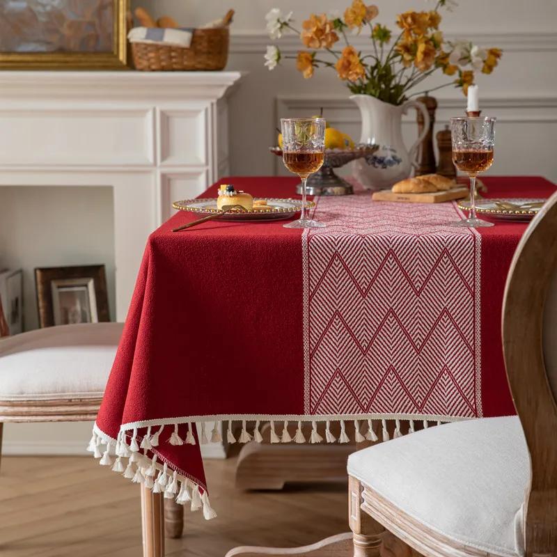 

Fashion Vintage Tablecloth Tassel Red Color Jacquard Christmas Table Cloth Tablecloth End Table Mat Polyester Wedding Decoration (as the picture,100x140cm)