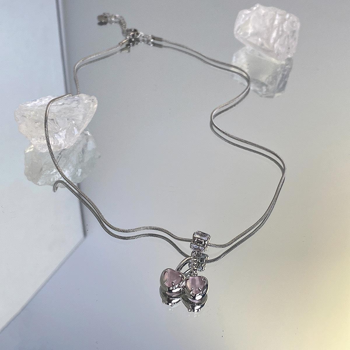 Pink Cherry Snake Bone Necklace Female Sweet and Cute Sweater Chain Light Luxury Premium Niche Design Neck Chain