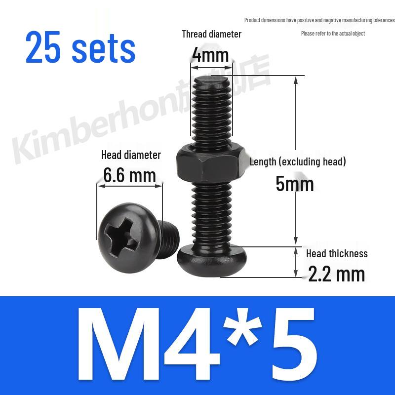Complete Set of Black 304 Stainless Steel Phillips Round Head Screws and Nuts - M2M3M4M5M6MM.