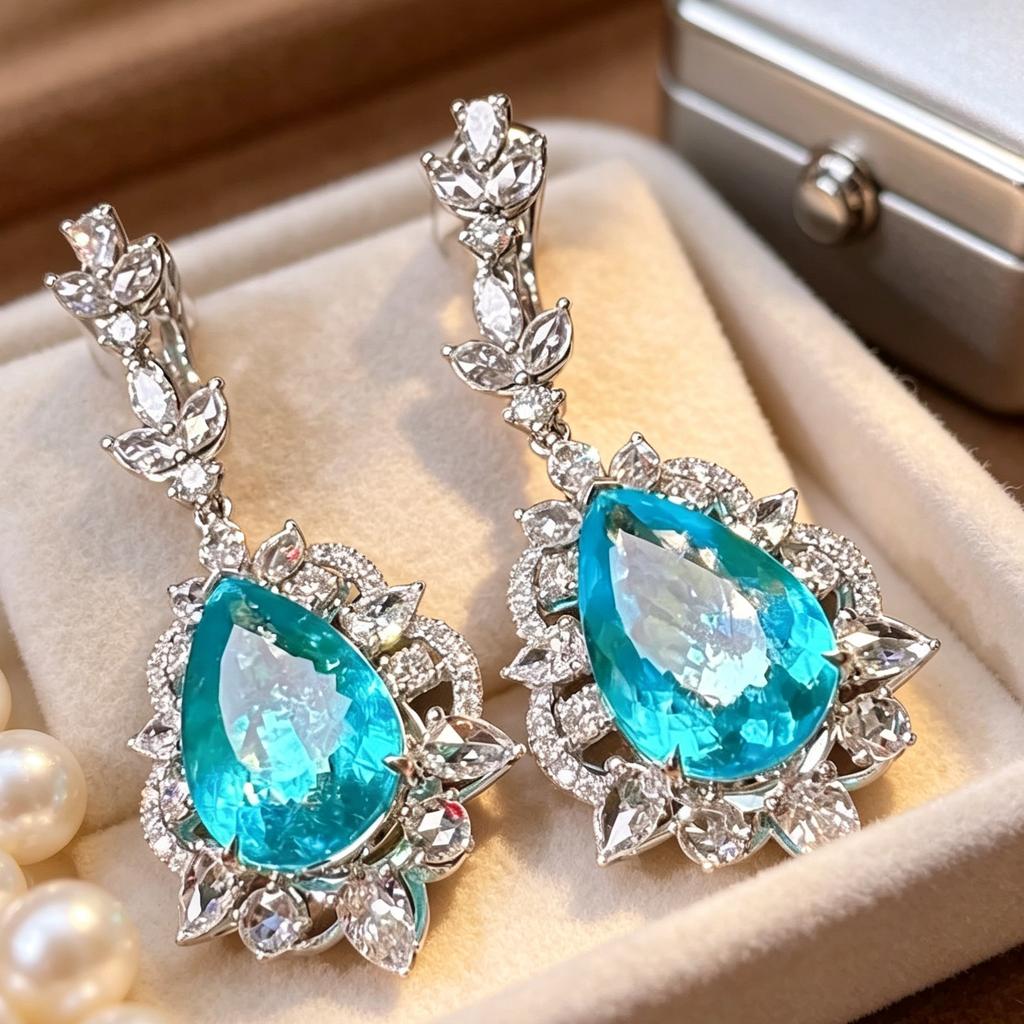 Paraiba Blue Pear Cut CZ Dangle Earrings 925 Silver Luxury Wedding Drop Earrings for Women