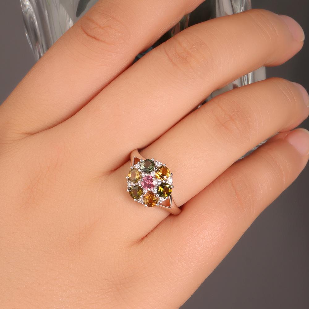 925 Sterling Silver Ring with Natural Round 4.0 Colorful Tourmaline Fine Jewelry for Ladies' Daily Gatherings Gift