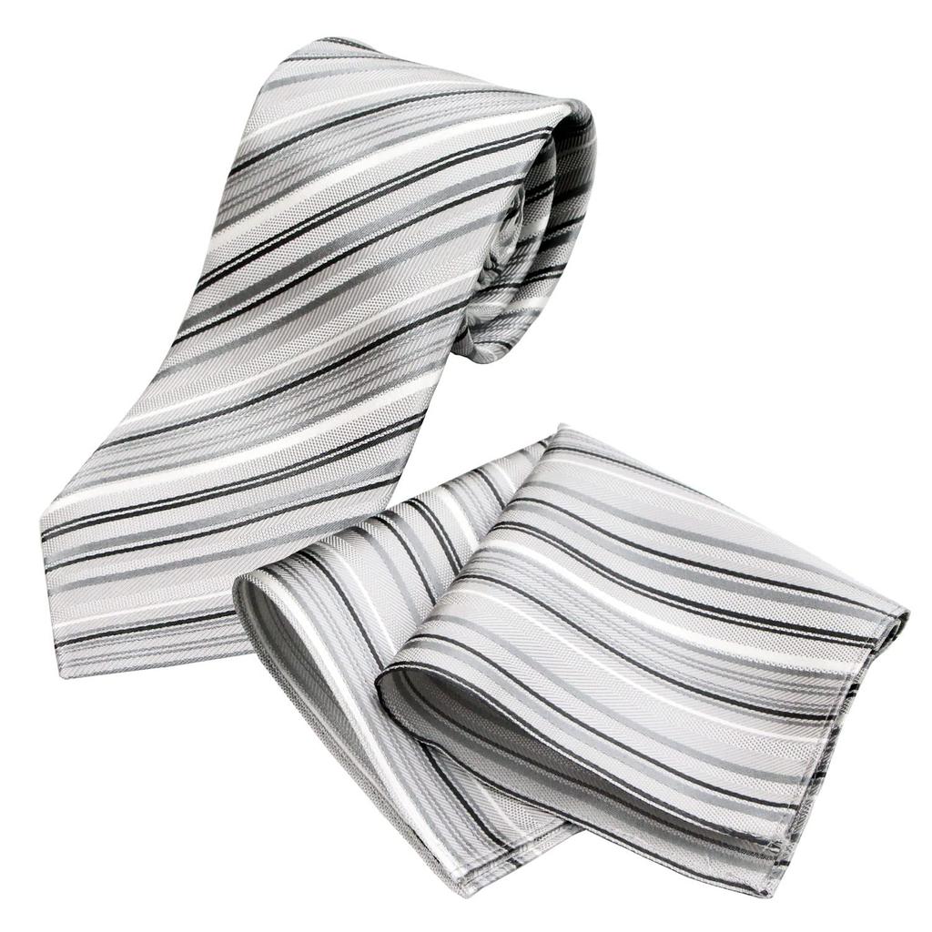 Gran creer Tie and Pocket Square Wedding Made in Fujiyama Gran creer x Set, Formal, Silk, Japan, Weave, (Multi-Stripe Silver)