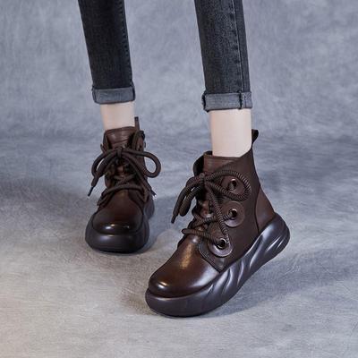 Genuine Leather Short Boots Retro Versatile Plush Warm Thick Bottom Side Zipper Women's Boots