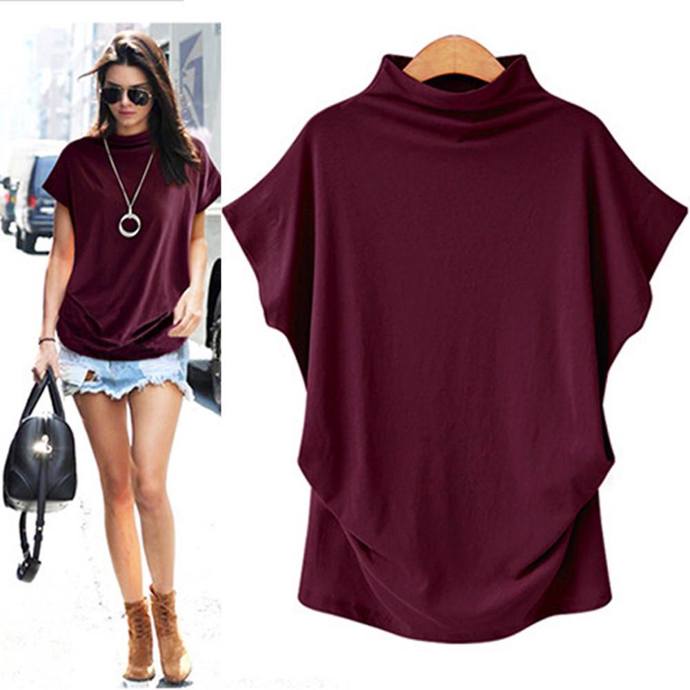 Plus Size Women's Solid Batwing Sleeve T-Shirt - Half-High Collar, Loose Fit, Polyester-Cotton Blend, Short-Sleeve