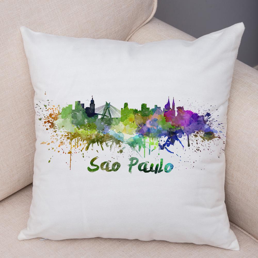Watercolor City Skyline Cushion Cover Global Landmarks Art Print Soft Linen Living Room Bedroom Home Decor Pillow Case