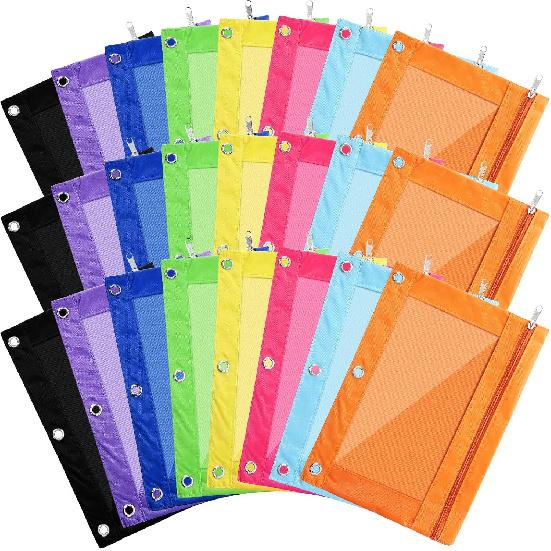 Boao 24 Pcs Pencil Pouch for 3 Rings Binder Pencil Bags Bulk with Zipper Colorful Case Stationery Bag with Clear Window for Office Supplies