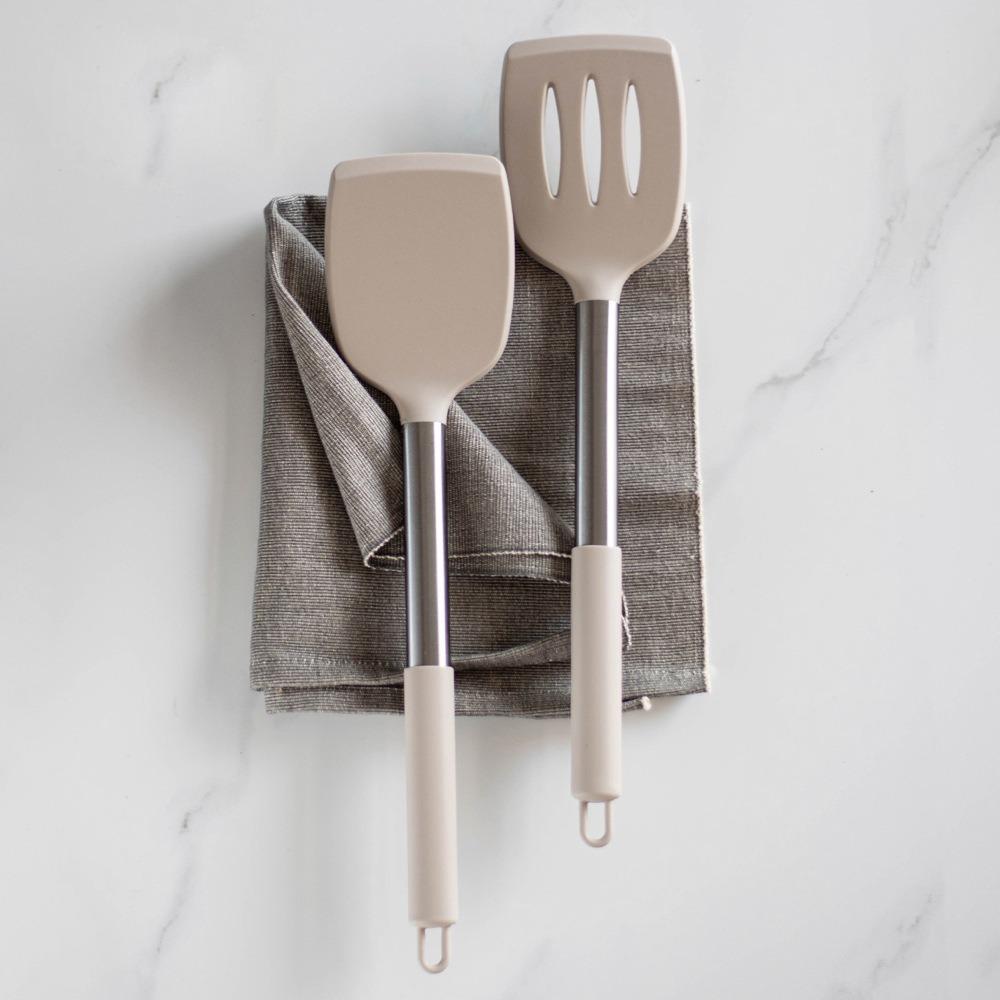 2pcs Stainless Steel Handle Steak Spatula Food Grade Silicone Stir Fry Turner  Nonstick Pan