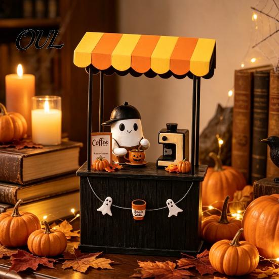 Handcrafted Resin Miniature Scene Halloween Ghost Coffee Bar Figurine, Spooky Statue for Tiered Tray Seasonal Ornament Shelf Desk Tabletop,