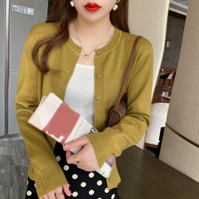 Spring and Autumn Long Sleeved Cardigan Women's Knitted Jacket Fashion Thin Sweater 2025 Elegant O Neck Slim Fit Solid Color New Short Coats Clothing