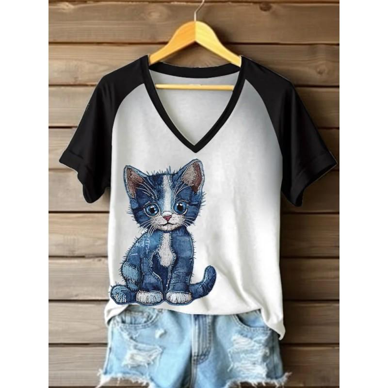 Womens V-Neck Short Sleeve T-Shirt With Leopard Print 3D Effect Colorful Ink Loose Fit Casual Office Wear