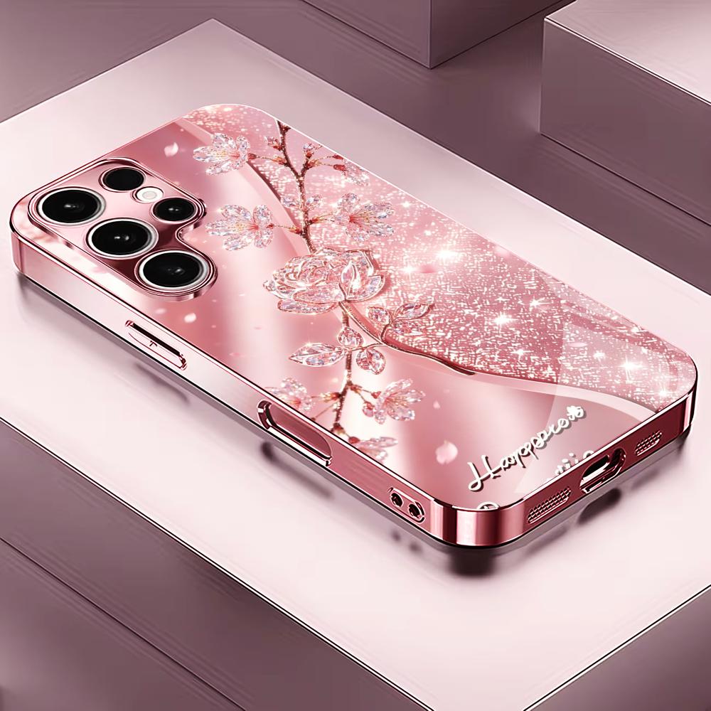 Pink Glitter Crystal Rose phone case s26 ultra case quad lock glass for Samsung Galaxy S26 S25 S24 S23 S22 FE Ultra Plus