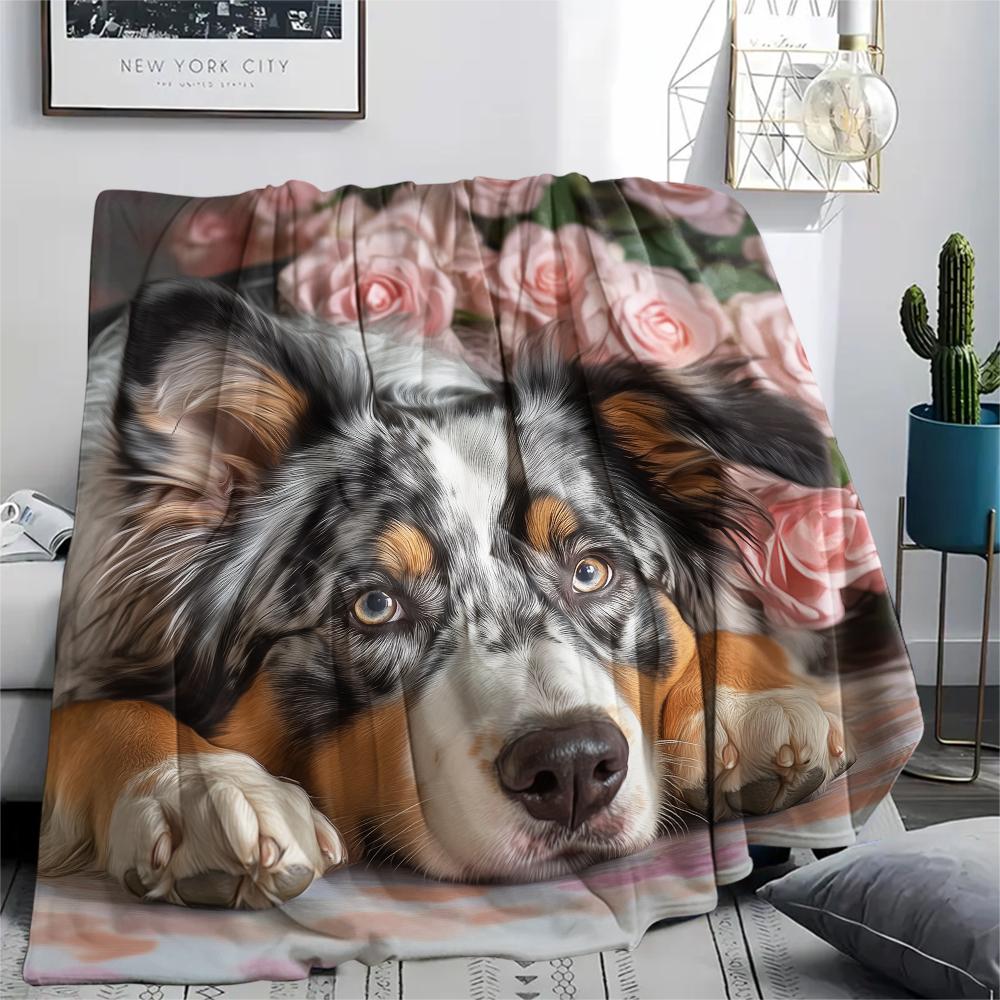 Australian Shepherd and Roses,pattern Flannel Blanket, High quality Comfortable for All Seasons, Home Decor, Warmth and Comfort, Perfect for Gifts.