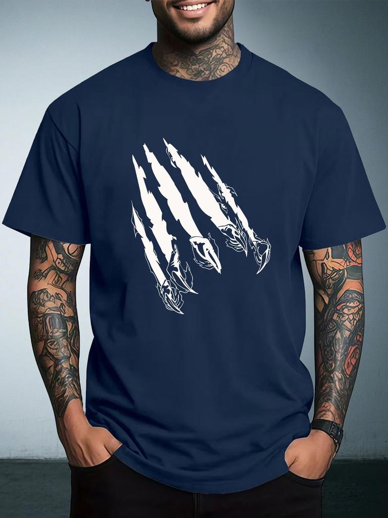 Unisex White Short Sleeve Summer Fashion Tee Black Beast Claw Scratch Mark Graphic Crew Neck Loose Casual Male Street Tops