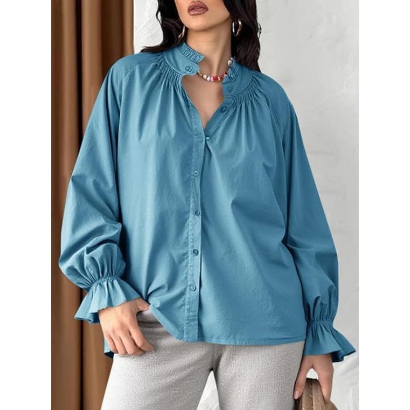 Spring and Autumn New Women's Elegant and Sweet Loose Casual Lantern Sleeve V-neck Ruffle Shirt