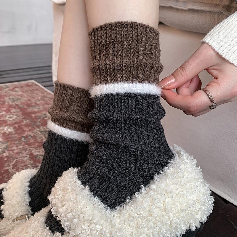 Wool Socks Children'S Stacking Socks Tide Season Warm Color Matching Maillard Retro Velvet Thickened Medium Tube Socks