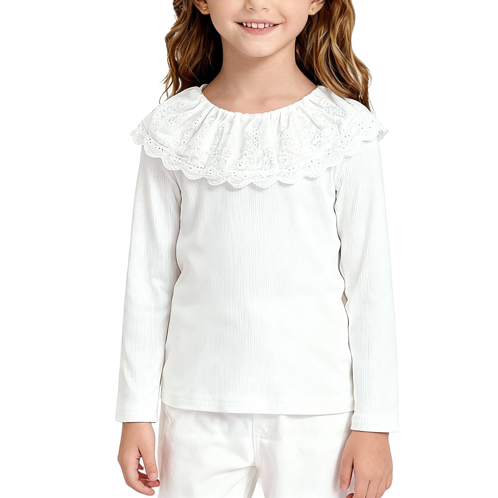 

Plain Long Sleeve Ruffle Lace Crewneck Trendy School Cute Tops 140 білий