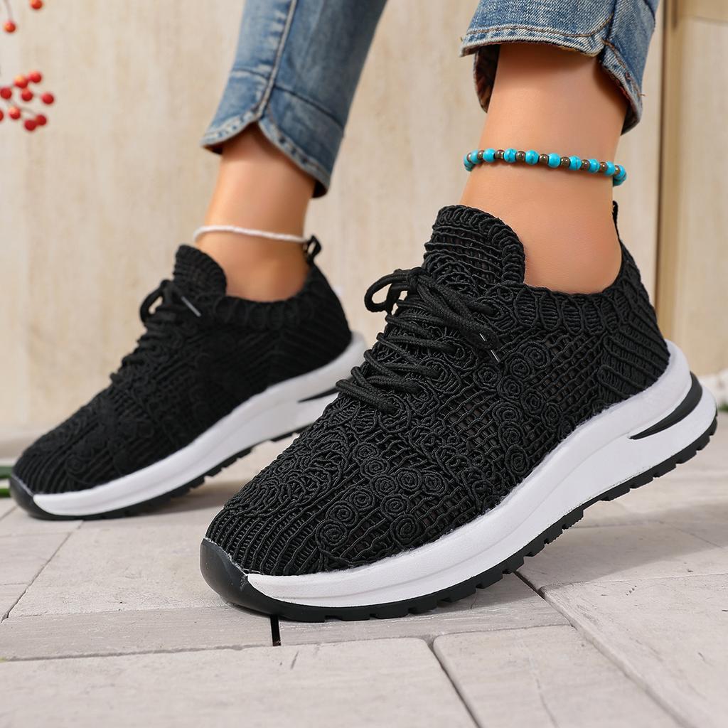 Mode Lässig Atmungsaktives Mesh Sportschuhe Damen Sommer Schnürschuhe Weiche Sohle Mittelhoher Absatz Sneaker Mode Spitze Aushöhlen Laufschuhe