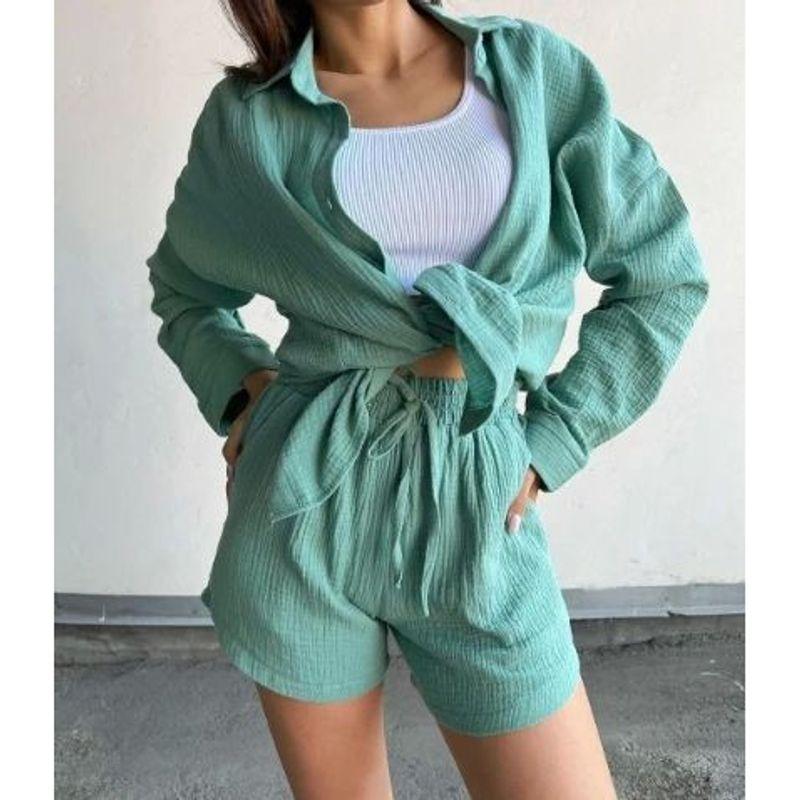 Collar Long Sleeve Shirt Shorts Set Lapel Long Sleeve Shirt Shorts Suit
