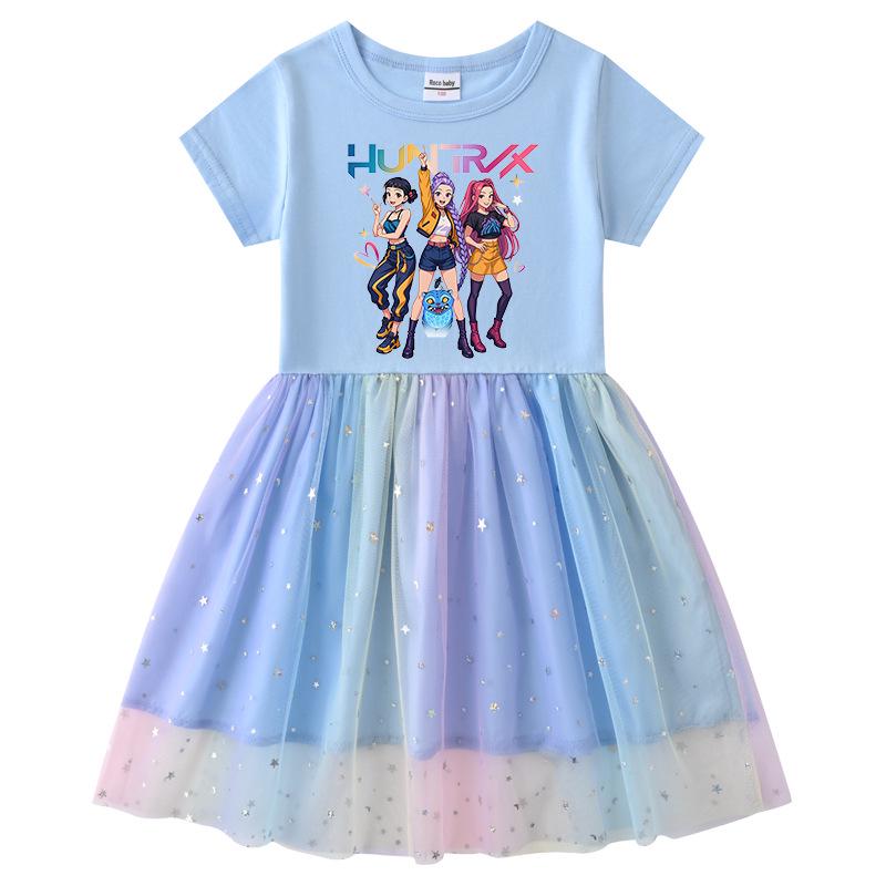Vestido de Princesa de Malla con Lentejuelas Kpop Demon Slayer para Niñas - Manga Corta