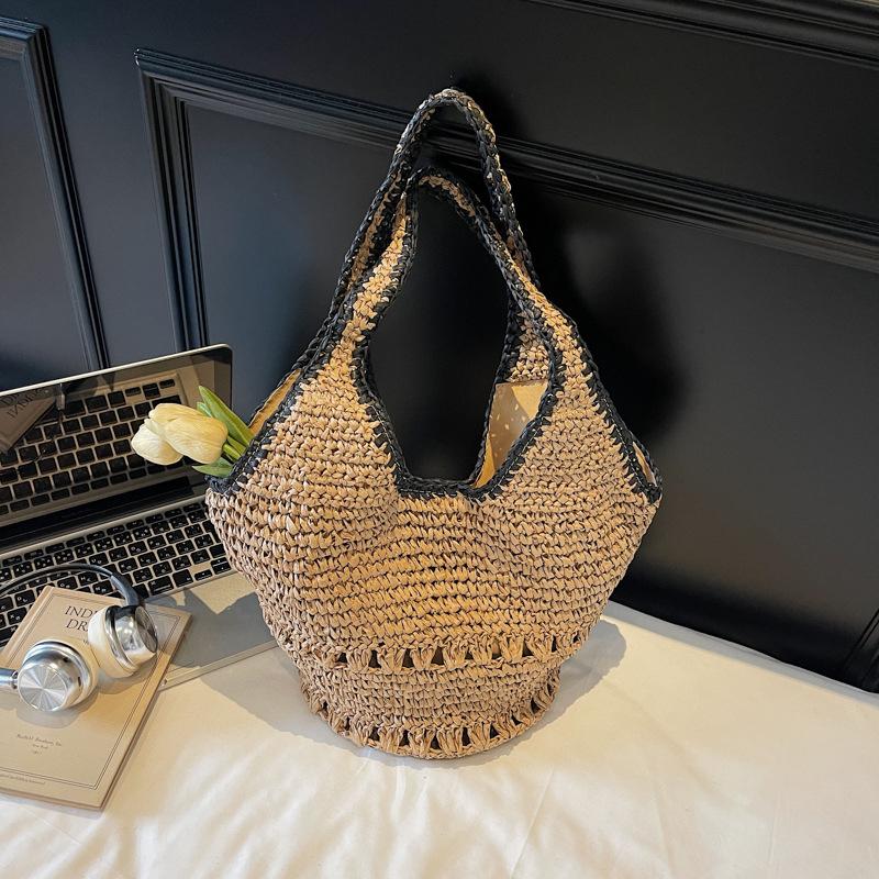 Yogodlns Straw Tote Bag Large Capacity Straw Bag For Women Woven Fashion Handmade Boho Shoulder Bag High-end Seaside Vacation Beach Bag