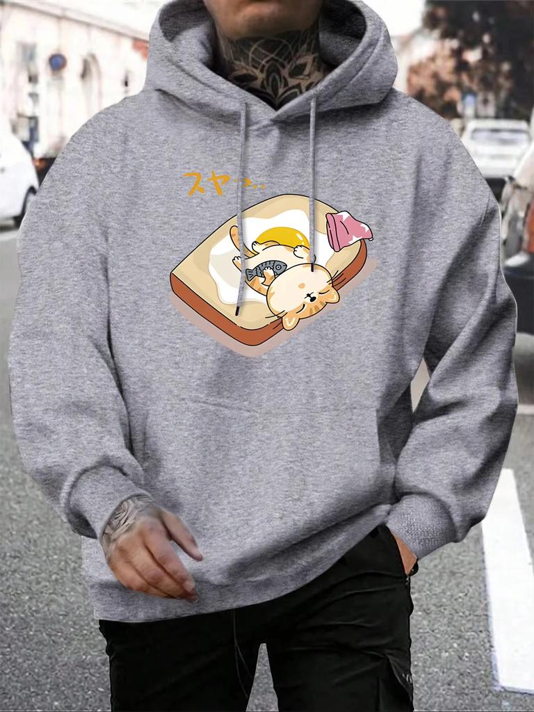 2025 Cartoon Cat Egg Toast Bread Printing Men Hoodie All-Match Autumn Streetwear Comfortable Loose Hoody Fleece Pocket Pullover