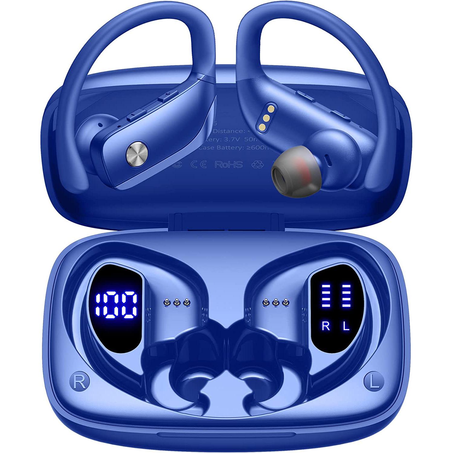 

Wireless Earbuds Bluetooth Headphones 48hrs Play Back Sport Earphones with LED Display Over-Ear Buds Headset for Workout Blue синій