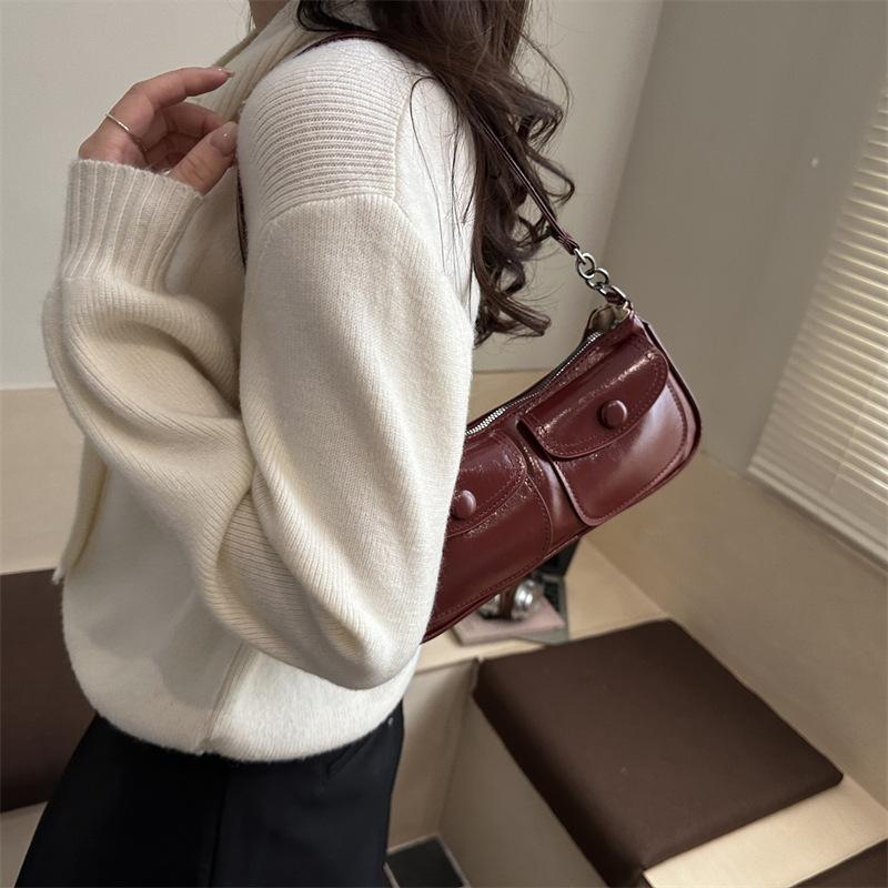 Vintage Solid Color Shoulder Crescent Bags for Women Versatile Ladies Double-pocket Underarm Bag Portable Female Pu Handbags