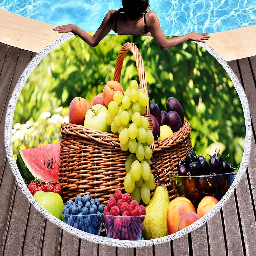 Summer Tropical Fruit Round Beach Towel Delicious Hawaii Fruits Sandproof Beach Blanket Soft Quick Dry Towel Portable Picnic Mat