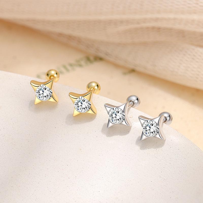 S925 Sterling Silver Inlaid Zircon Star Screw Earrings for Women Simple INS Fashionable Versatile Plating K Gold Earrings