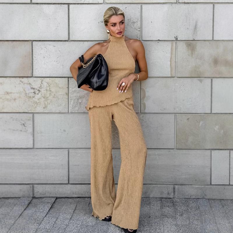 Casual Women Sleeveless Backless Tank Tops Wide Leg Trousers Suit Fashion Halter Vest Long Pants Set Chic Lady Summer Outfits