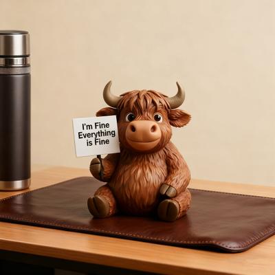 Yousheng Highland Cow Figurine Emotional Support Highland Cow Statue Resin Cow Ornament with Funny Quotes Straight-Talking Companion for Office Desk