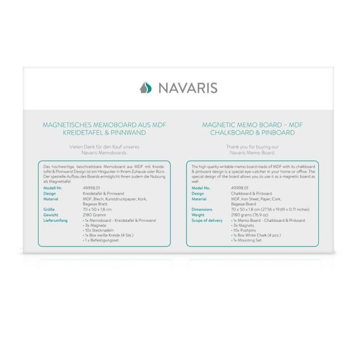 Tableau D'affichage Mixte - Navaris - 70 X 50 Cm - Tableau Noir Ardoise - Tableau Liège - Kit De Fixation Inclus