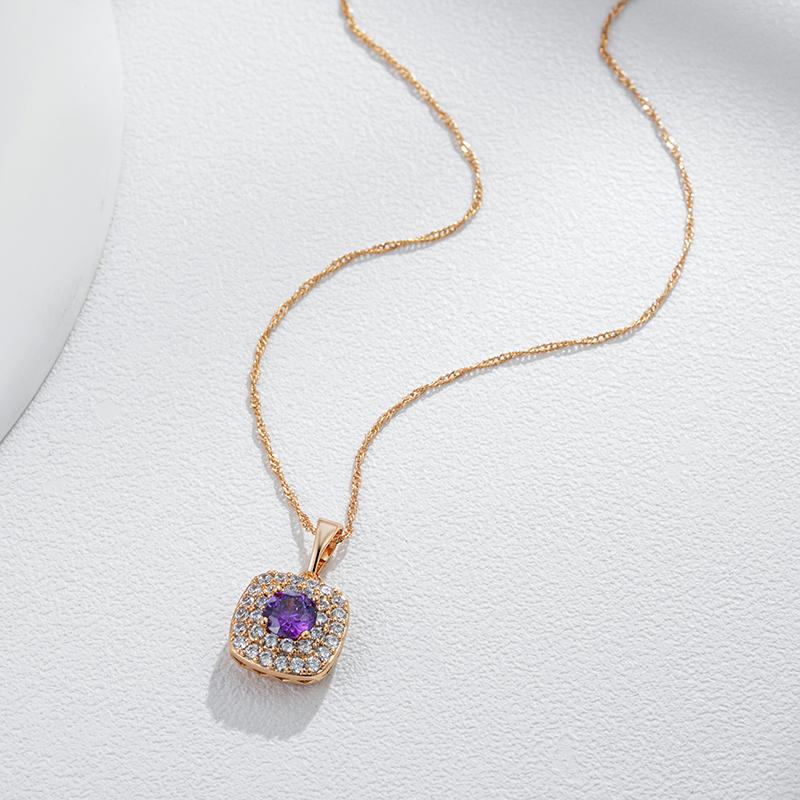 Shiny Purple Natural Zircon Square Pendant Necklace For Women  Rose Gold Color Crystal Pendant Vintage Jewelry