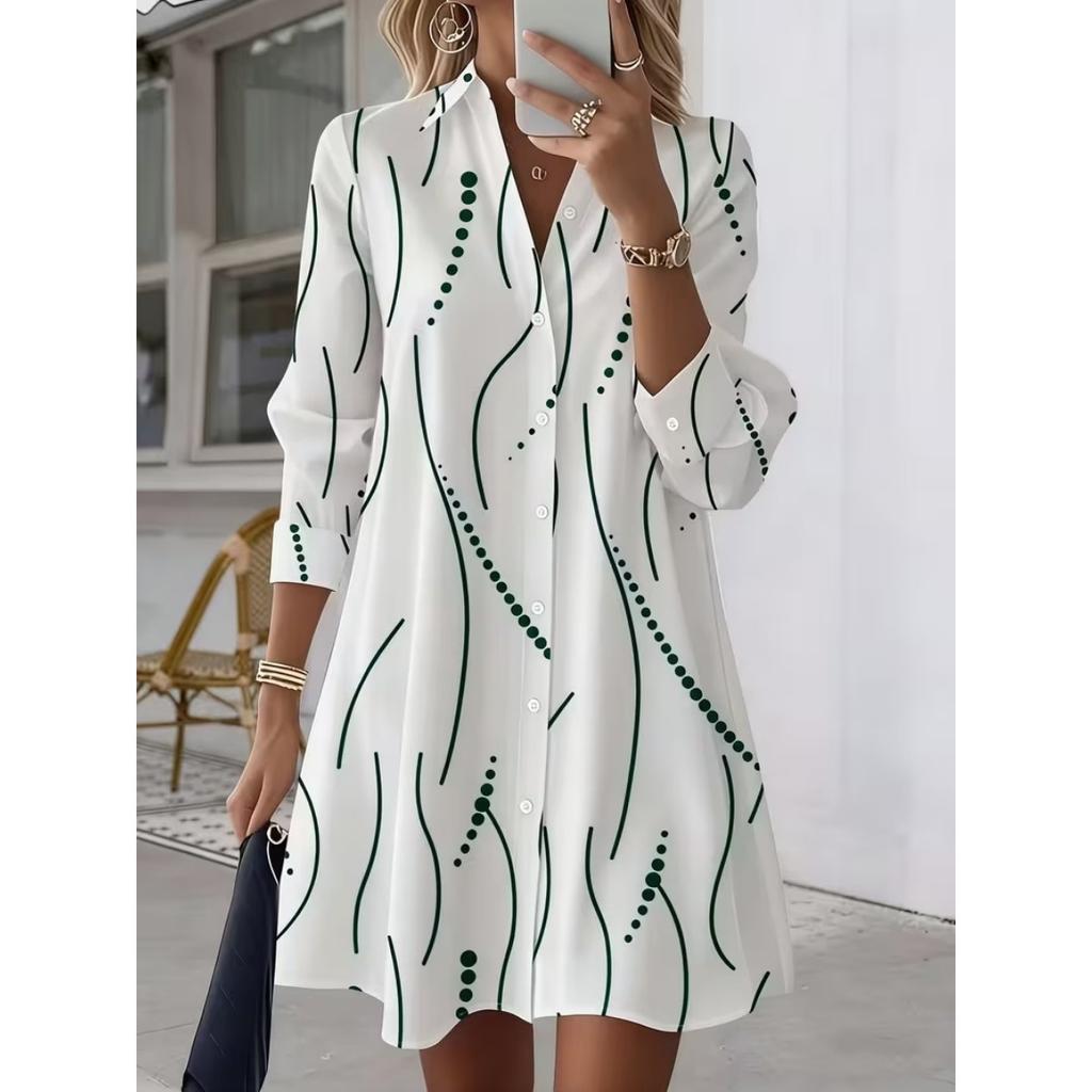 Spring Autumn Women's Casual Elegant Printed Shirt Dress, In Stock For Crossborder EU US Size