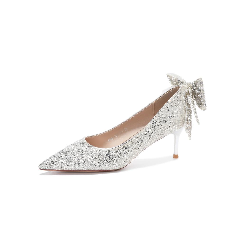 -B French crystal bow high heels socialite temperament banquet show he sequined bridal bridesmaid shoes