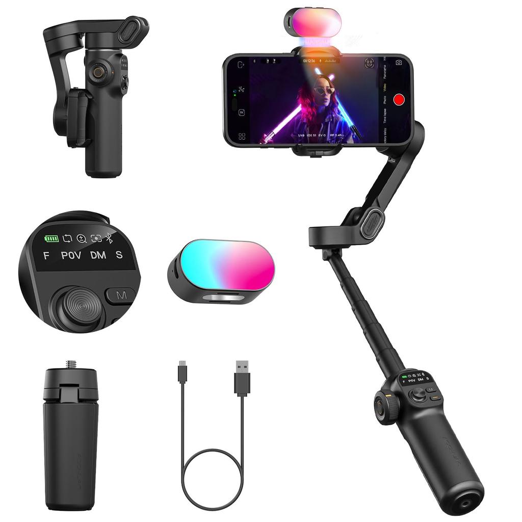 AOCHUAN Smart X2 Smartphone Gimbal Stabilizer 3-Axis OLED Display 20cm Extension Pole RGB Fill Light 360 Rotation Handheld Video Selfie Black